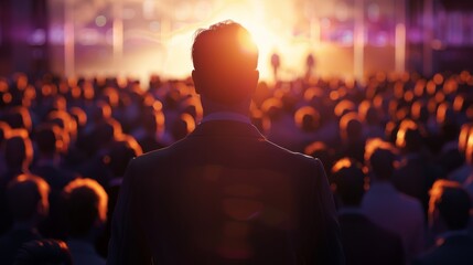 a man in a business suit on stage speaking to a large crowd of people - obrazy, fototapety, plakaty