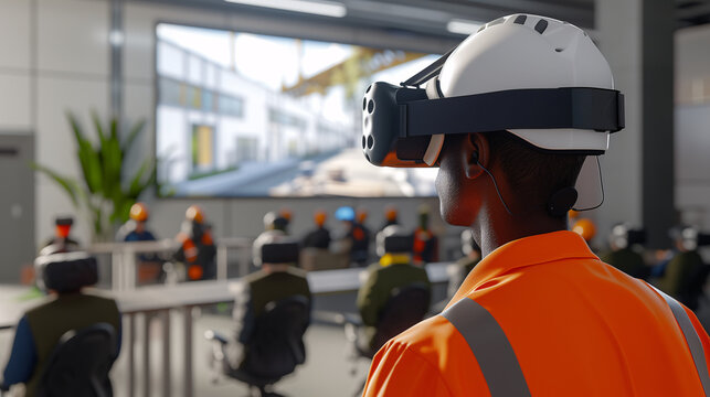 Construction professional uses virtual reality for safety training, simulating hazardous workplace scenarios.