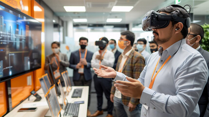 Professionals in a corporate training session use VR to navigate leadership challenges and manage virtual teams.