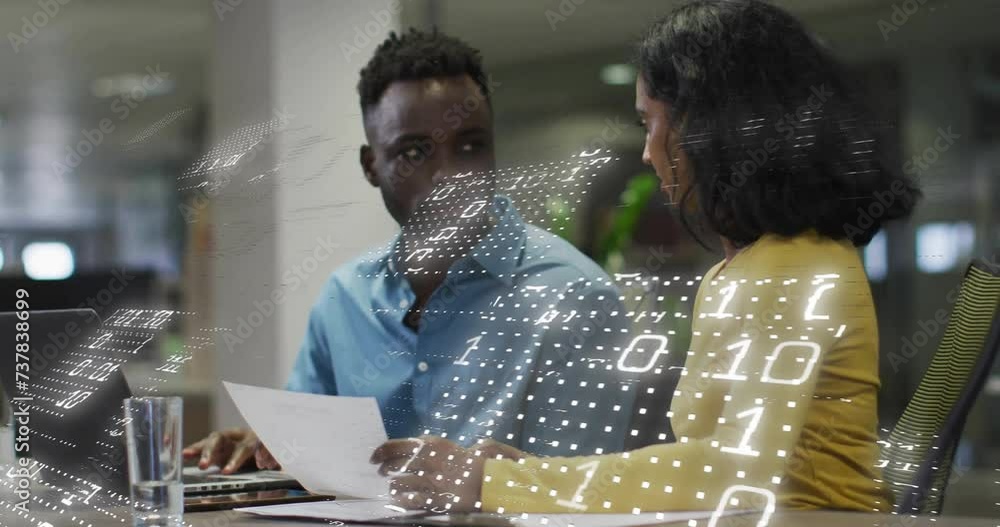 Poster animation of binary coding data processing over diverse business people in office