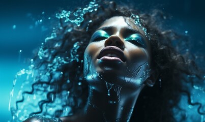 a woman with water drops on her face