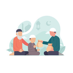 Pay Zakat Al-Fitr at the end of the month of Ramadan. Muslim people giving donation and charity flat style vector illustration