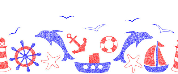 Seamless pattern (border) with hand drawn anchor, dolphin,ship, lighthouse, sailboat, hand wheel, helm on white background in childrens naive style.