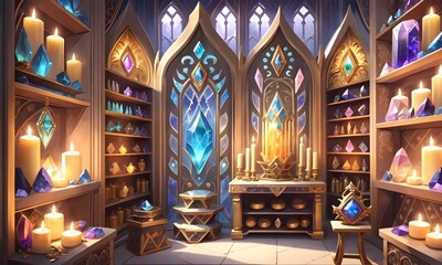 Fantasy crystal collection in a grand sorcery hall. Amulets concept. AI illustration.