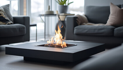 Bioethanol Fireplace on a Coffee Table in Modern Living Room - wide format - Powered by Adobe