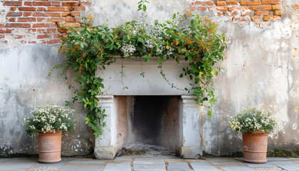 Fototapeta na wymiar old white fireplace with plants