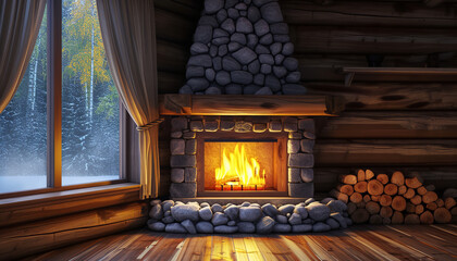 A rustic corner fireplace built with stacked river stones complements the wooden interior of a log cabin - wide format