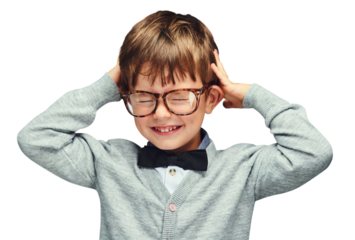 Child, kid and smile with glasses for fashion with bow tie, with casual outfit, trendy style and happy. Child, eyewear and confidence with energy and relax isolated on a png transparent background