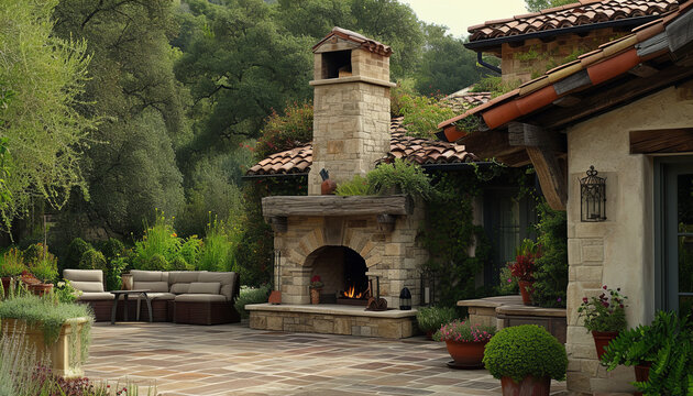 A Mediterranean-style courtyard houses an outdoor fireplace with a chimney - perfect for alfresco dining and gatherings - wide format