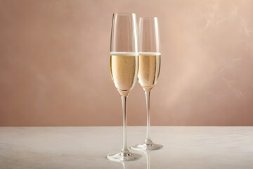 Fototapeta premium Two champagne glasses awaiting a celebratory toast, crystal clarity, simplistic elegance, on a soft-focused, single-color background, hues of gentle pastels. Generative AI
