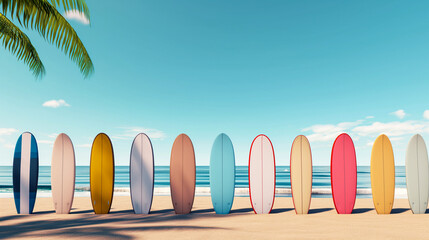 Many Colorful Surfboards on a Sunny White Sand Beach. Ocean Wave, Sea Coast, Palm Tree, Nature Paradise. Active Lifestyle, Outdoor Sport Hobby, Adventure Travel. Board Rental, Entertainment, Course