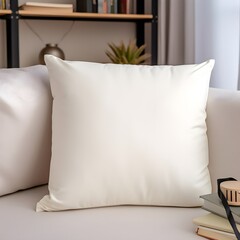 Blank plain white square throw Pillow Mockup on sofa with brown tones in living room Background,...