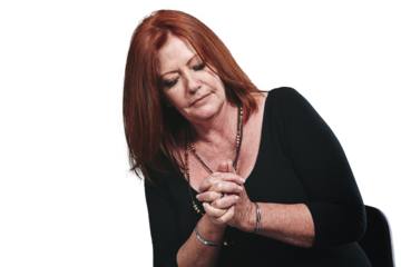 Stress, nervous and mature business woman isolated on transparent background for creative decision. Anxiety, tax or debt and company employee on PNG with worry for audit, economy or bankruptcy