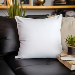 Blank plain white square throw Pillow Mockup on sofa with brown tones in living room Background, Product photography, potted plants, minimalistic earthy colors