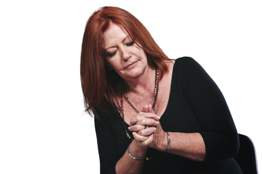 Stress, nervous and mature business woman isolated on transparent background for creative decision. Anxiety, tax or debt and company employee on PNG with worry for audit, economy or bankruptcy