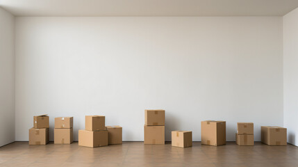 A row of cardboard boxes against a white wall.