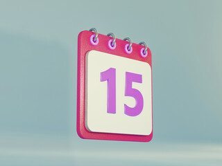 modern calendar icon, date plan concept 15 or fifteen. Realistic 3d isolated Note book