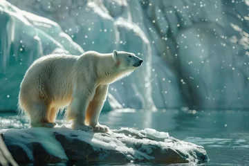 Fotobehang Polar Bear Day. White polar bear stands on a rock in Arctic. © Елена Герасимова