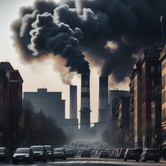 Air pollution by Smokestack out of factory chimneys into atmosphere. Industrial city landscape. Pollution and environment as Global Warming problem. 