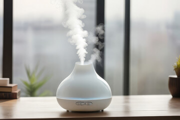 Aroma oil white glass diffuser with rising steam flow on table by window.