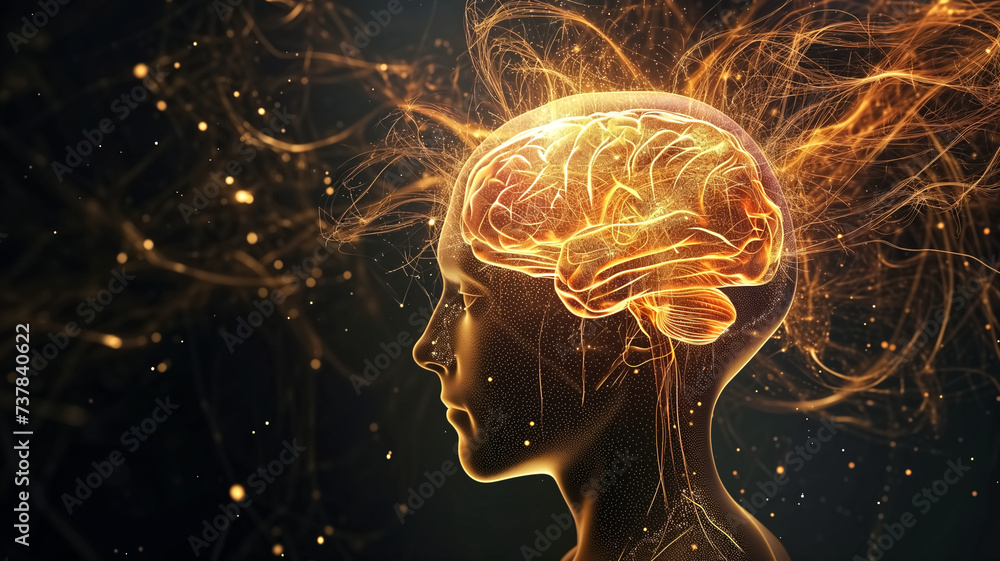 Poster digital art representation of a human profile with a glowing brain, symbolizing neural activity and 