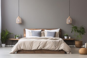 a bed with pillows and a lamp above it