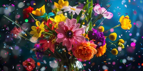 A vibrant bouquet of flowers in a vase amidst colorful confetti and water droplets. Concept Floral Still Life, Vibrant Colors, Confetti Splash, Water Droplets, Bright Vase