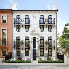 An elegant townhouse in a bustling urban neighborhood, with wrought iron balconies, decorative window shutters, and vibrant flower boxes adding character to the facade.