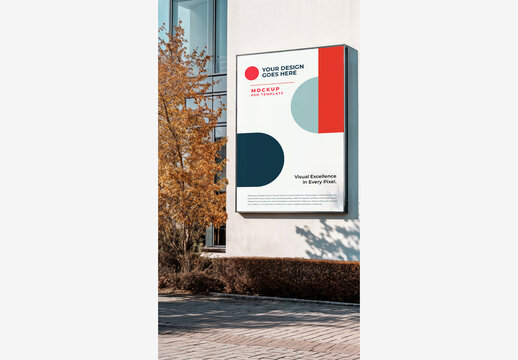 Outside Street Poster Mockup: White Sign on Building with Tree, Bushes, Large Window, Sidewalk, and Board