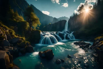 Zelfklevend Fotobehang waterfall in yosemite generated by AI technology © abdur