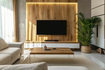 modern living room with TV, living room with tv, Cabinet for TV on the cream color wall in living room,minimal design.