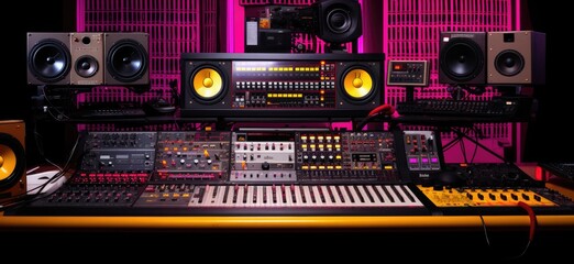 A meticulously organized array of electronic music production tools, each panel aglow amid the softly lit setting of a studio - obrazy, fototapety, plakaty