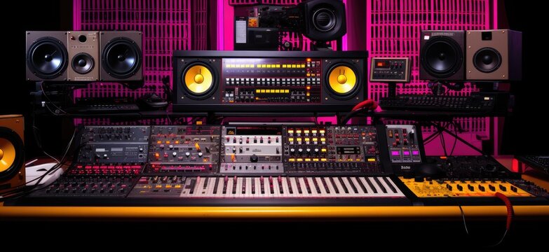 A meticulously organized array of electronic music production tools, each panel aglow amid the softly lit setting of a studio
