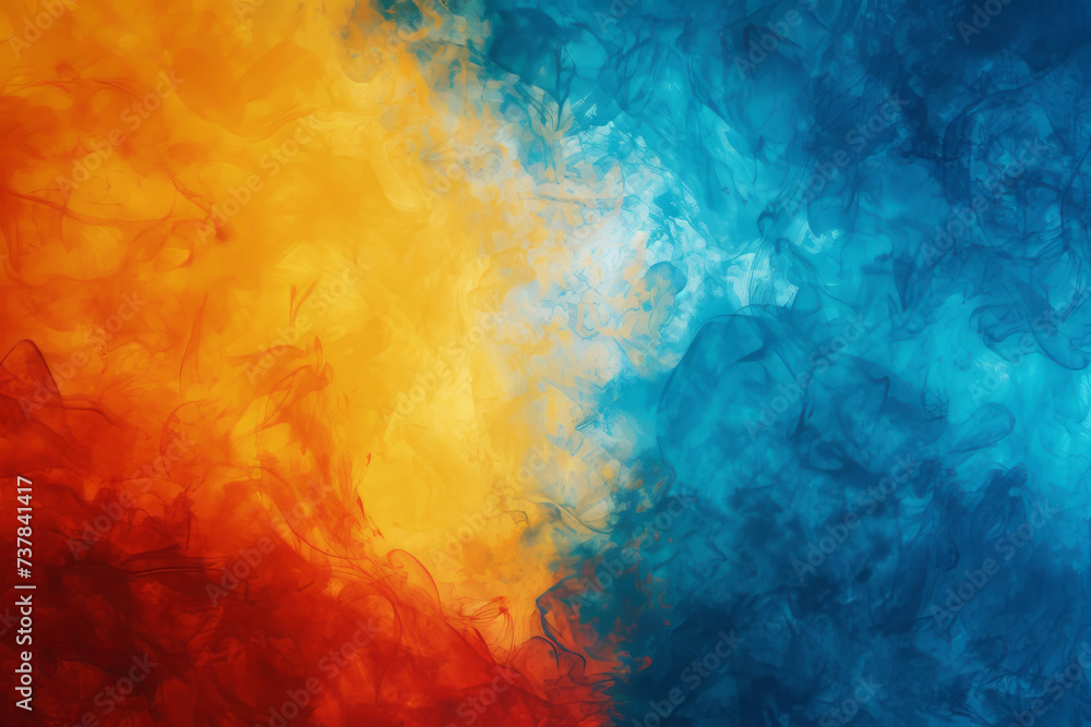Poster an abstract image featuring a beautiful fusion of warm and cool colored smoke creating a dynamic bac