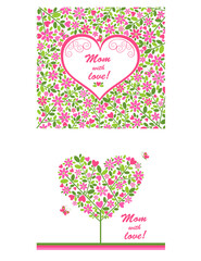 Concept for mother’s day, birthday greetings, baby arrival invitations, flower-shop signboard, labels, beauty salon with floral abstract pattern, frame in heart shape and funny blooming cherry-tree