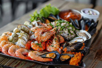 A seafood platter, abundant with fresh prawns, mussels, and garnished with herbs and lemon, presents a feast for the senses.