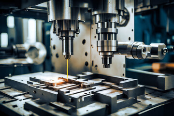 Fototapeta premium close up of a laser cutting head, a machine carving metal. 