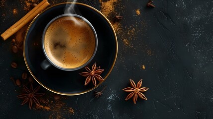 Invigorating espresso with cinnamon and star anise on a dark backdrop. simple elegance in a cup for gourmet coffee enthusiasts. perfect for modern culinary themes. AI
