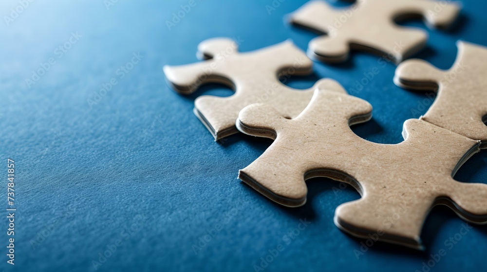 Aufkleber three interlocking puzzle pieces on a blue background, focusing on connection and teamwork. simple a