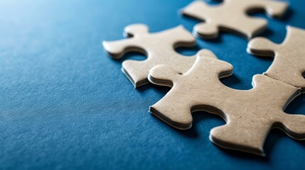Fototapeta premium Three interlocking puzzle pieces on a blue background, focusing on connection and teamwork. simple and clean design for diverse uses. AI