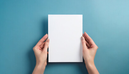 Female hands holding an empty white piece of paper with a blue colorful background. Space for text, copy and other graphics. ai generated.