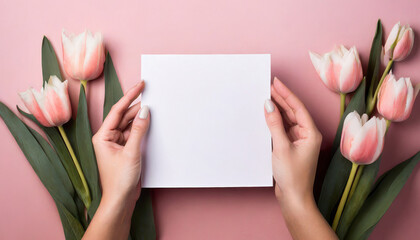 Female hands holding an empty square white piece of paper with a pink colorful background with tulip flowers. Space for text copy and other graphics.