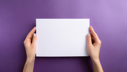 Female hands holding an empty white rectangular piece of paper with a purple colorful background. Space for text, copy and other graphics. ai generated.