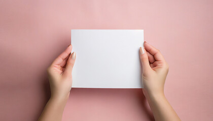 Obraz premium Female hands holding an empty white piece of paper with a pink colorful background. Space for text, copy and other graphics. ai generated.