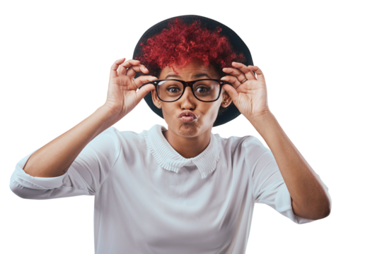 Woman, glasses and fashion with kiss lips in portrait, vision a designer frame for style and red hair isolated on png transparent background. Spectacles, eye care and goofy face with pout and fedora