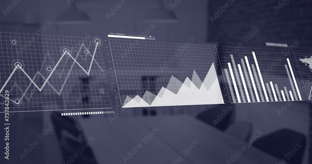 Aufkleber animation of statistics and financial data processing over office