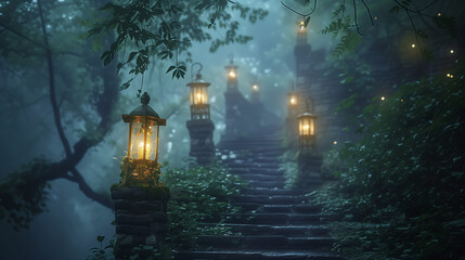 Twilight Mystique: Enchanted Forest Pathway Leading to a Hidden Castle, Illuminated by Glowing Lanterns Suspended in the Misty Air