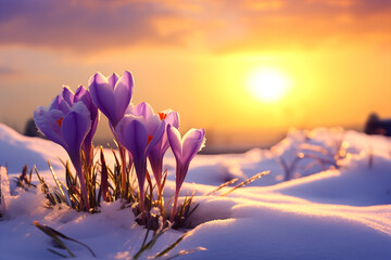 purple gold colored Crocus in winter in the snow at sunset