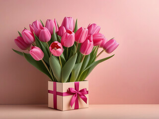 A bouquet of pink tulips next to a pink gift box on a beige background, an empty space for the text on the right