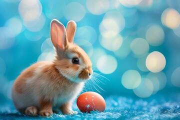 Fototapeta na wymiar Adorable bunny next to a painted egg against a sparkling blue background. cute animal photo for easter. perfect for festive designs. AI